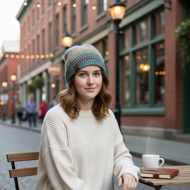 Woman sitting at a table with a cup of coffee, wearing a cozy outfit on a city street.