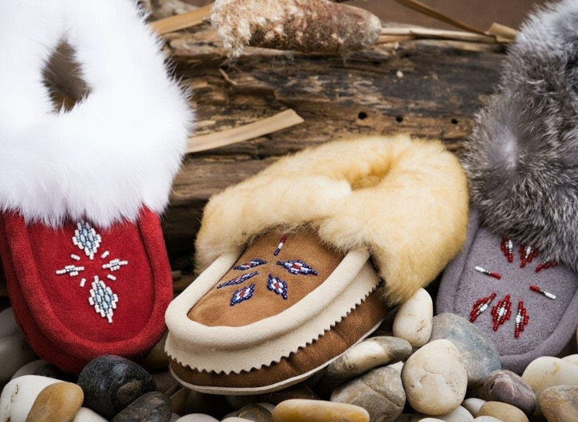 Three pairs of Native American-style moccasins on pebbles with a rustic background.