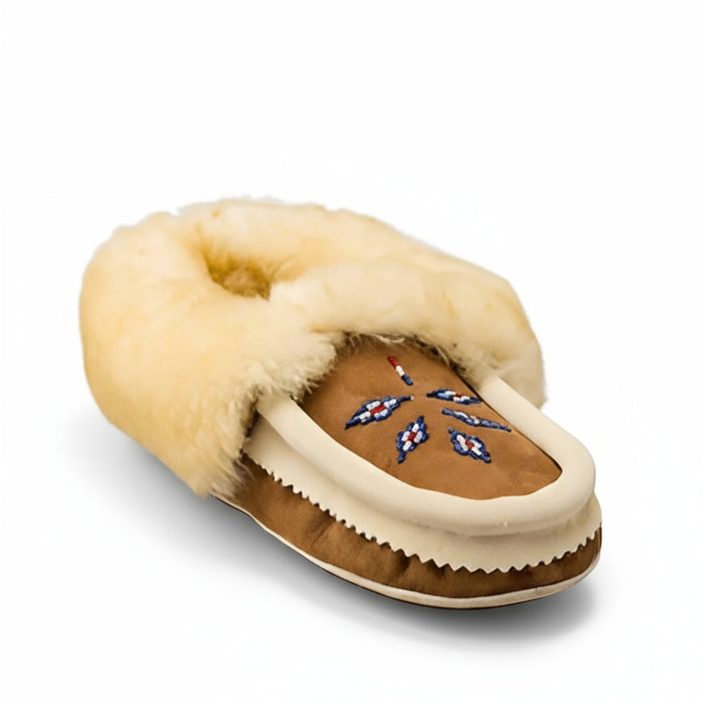 Great Plains Mocha Sheepskin Moccasins With Hand Sewn Beaded Vamp And Made in Canada