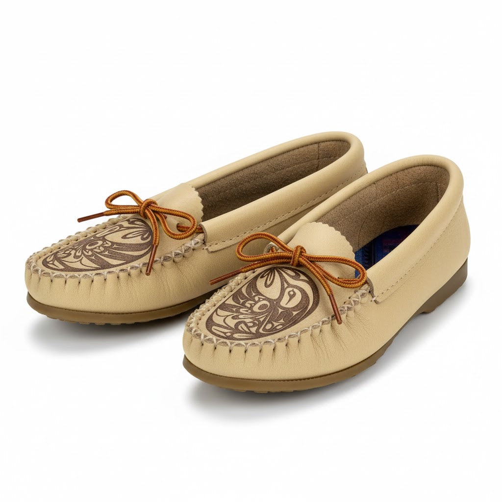 Pair of beige moccasin shoes with brown accents on a white background