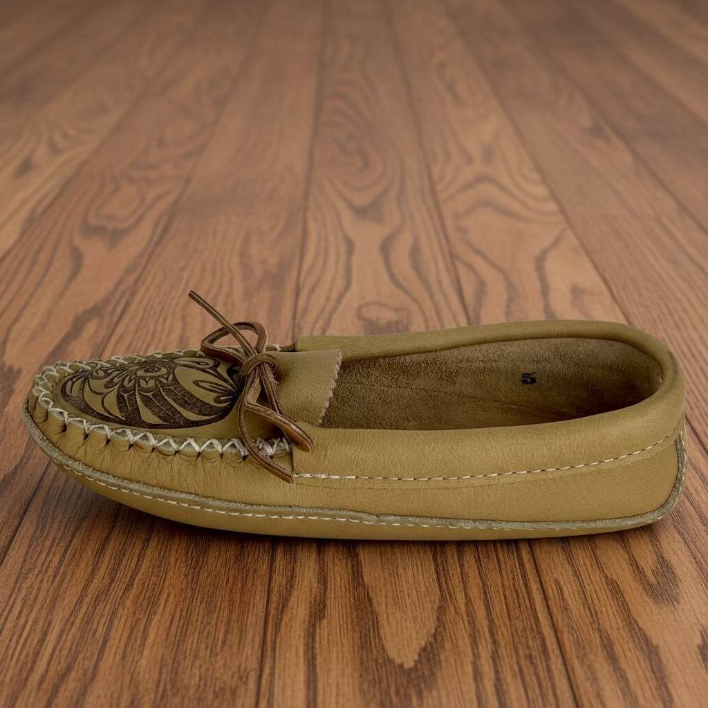 Tan moccasin shoe with brown laces on a wooden surface