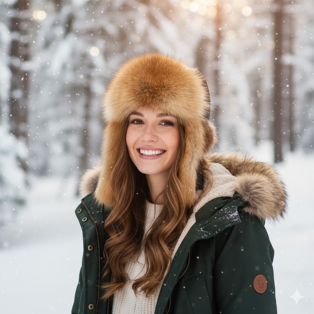 Woman wearing a fur-trimmed coat and hat in a snowy forest