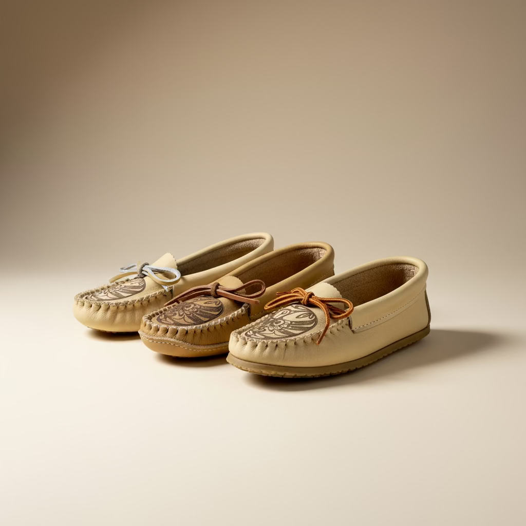 Three pairs of tan moccasin shoes with decorative designs on a wooden surface.