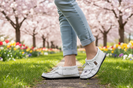 White moccasin shoe with black details on a white background