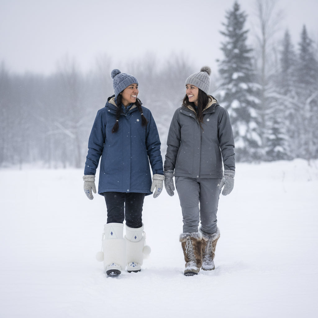 White furry boots with decorative elements on a gray background
