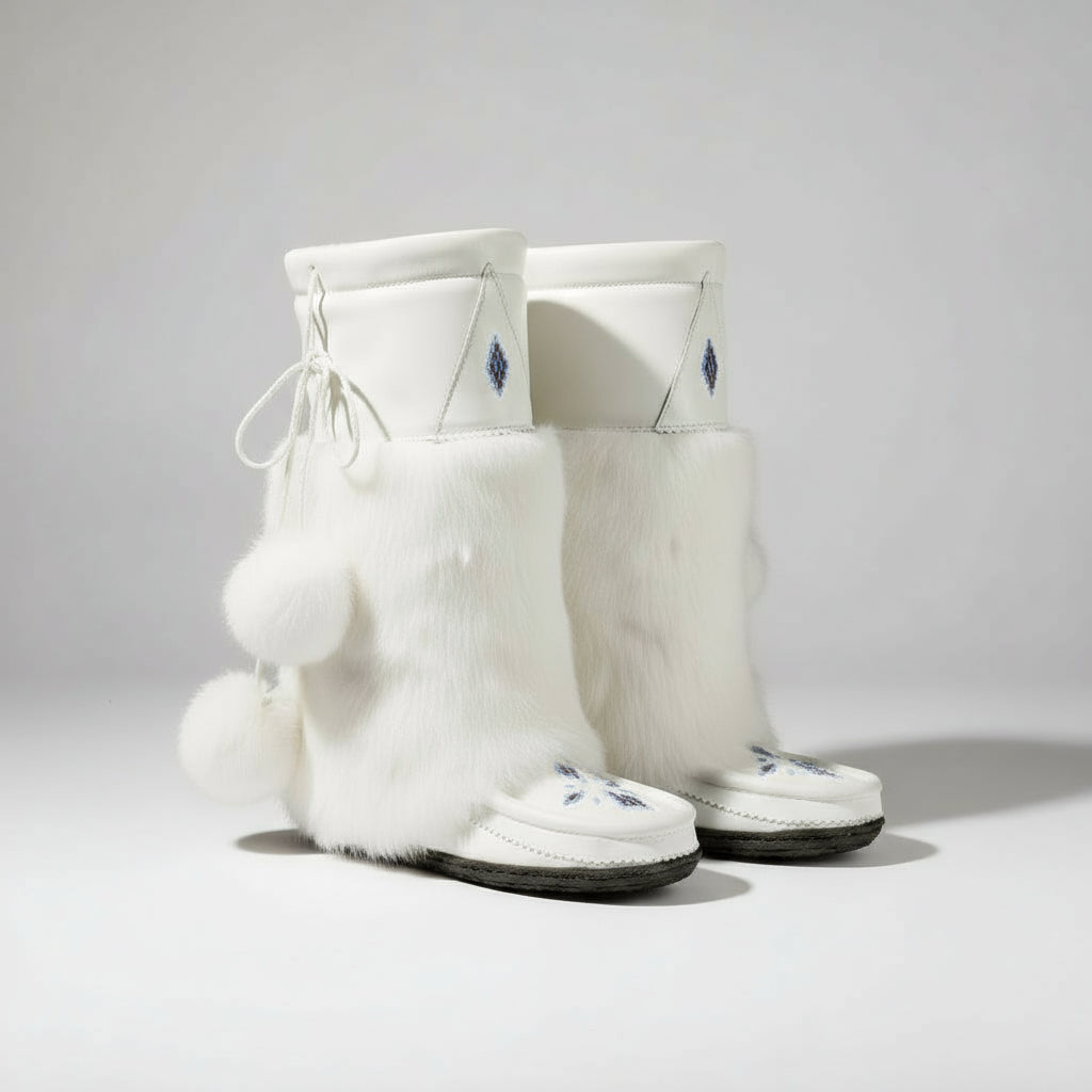 Pair of white ankle boots with fluffy white socks on a white background
