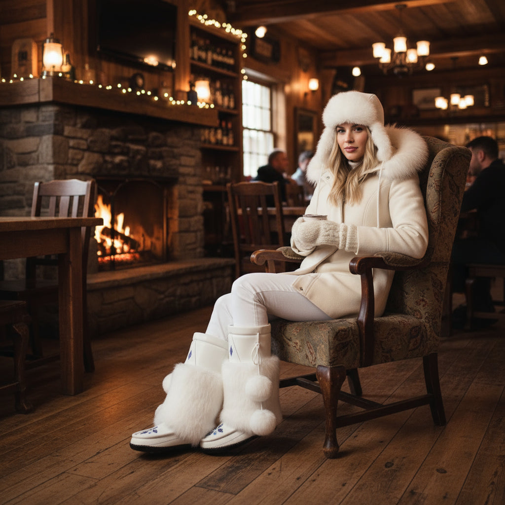 Great Plains Tall Mukluks In White Leather and White Rabbit Fur Beaded