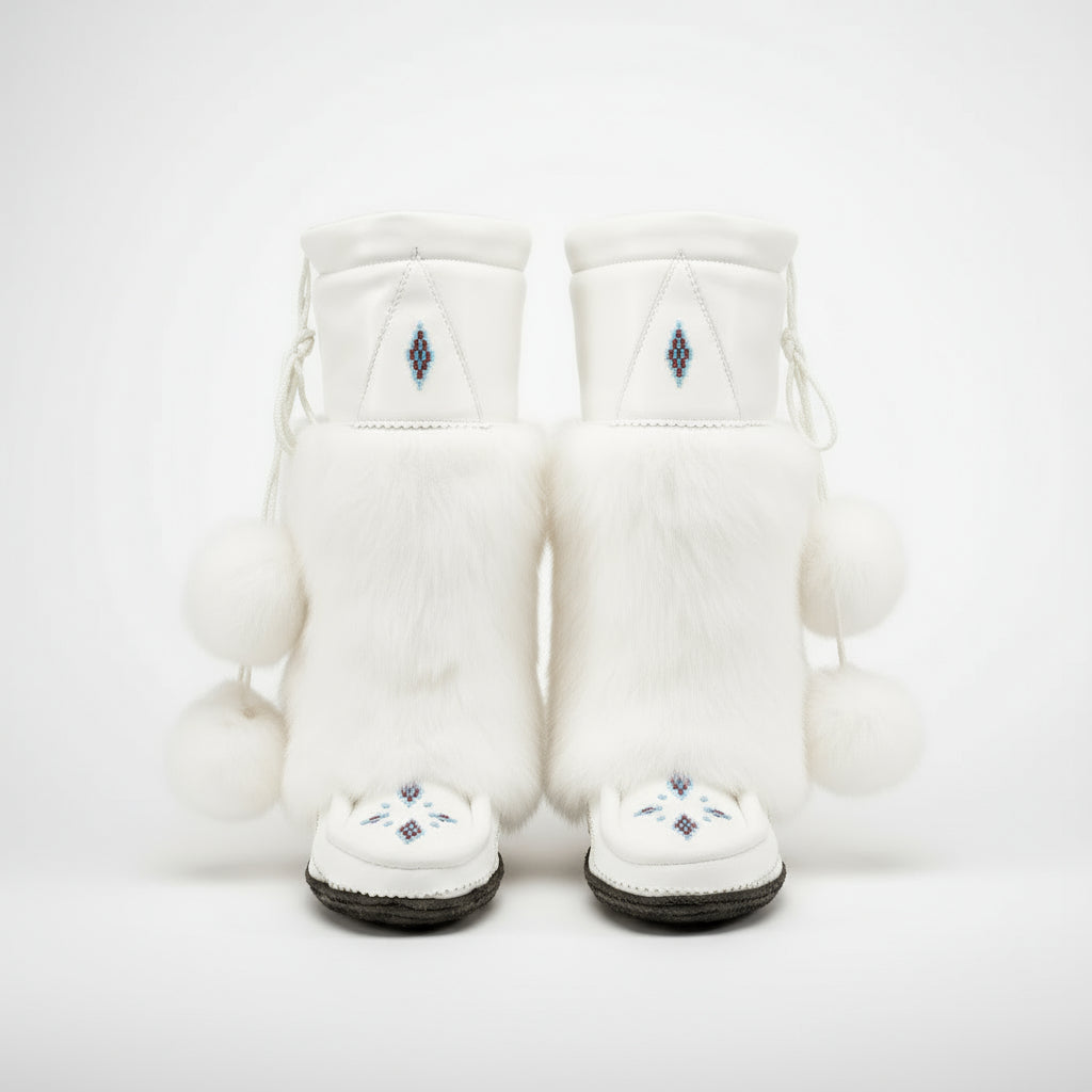 Great Plains Tall Mukluks In White Leather and White Rabbit Fur Beaded
