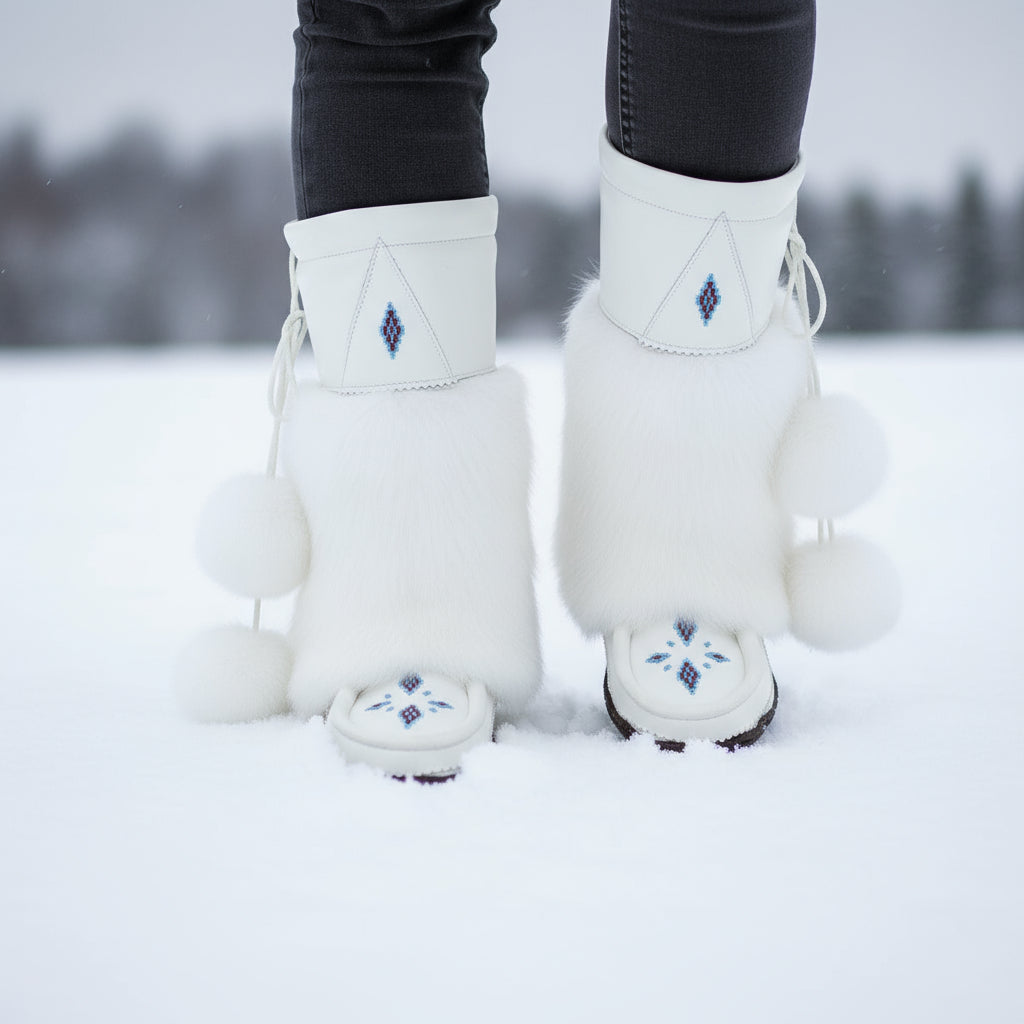 White snow boots with decorative elements on a white background