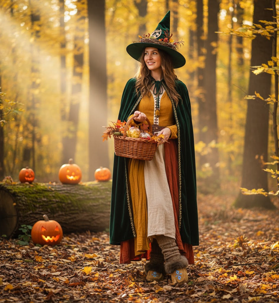 Woman in a witch costume holding a basket in a forest with pumpkins