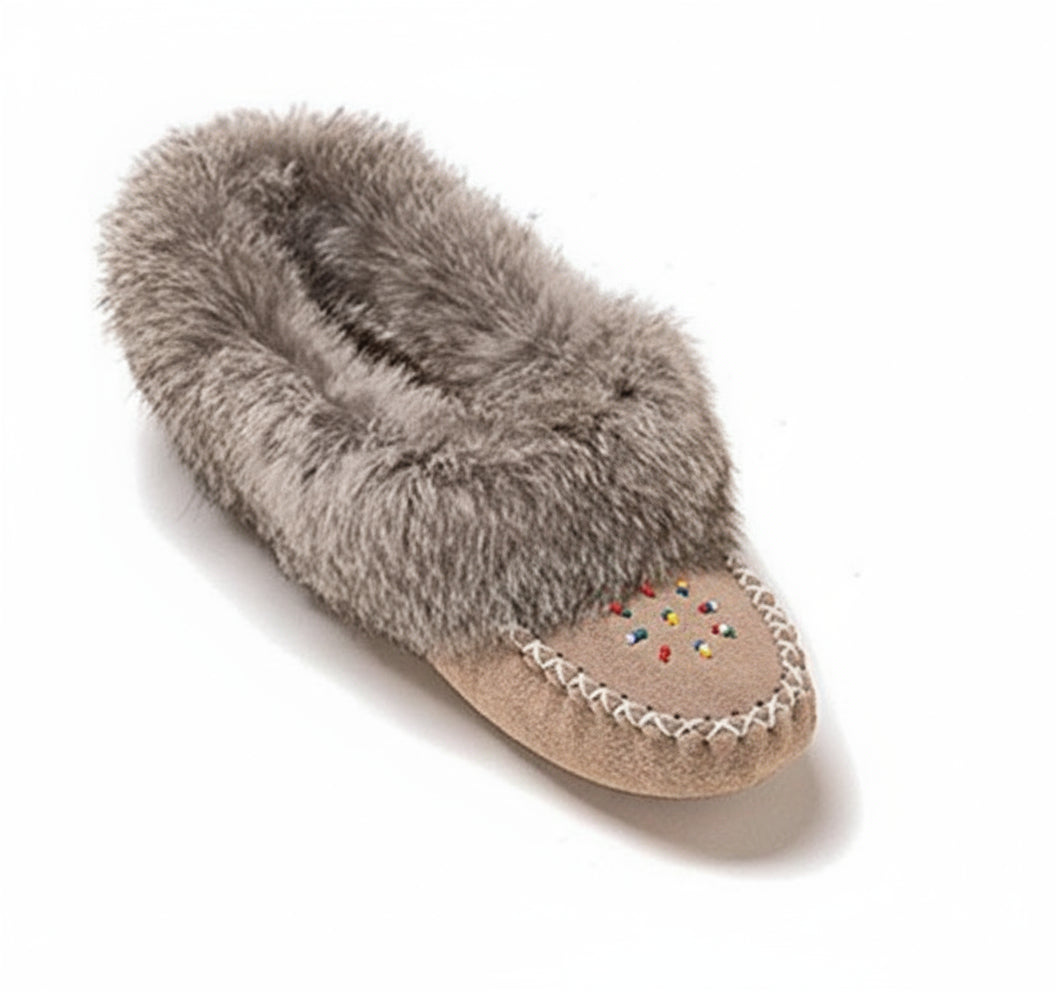 Women's Grey Suede Beaded Moccasins With Rabbit Fur Trim