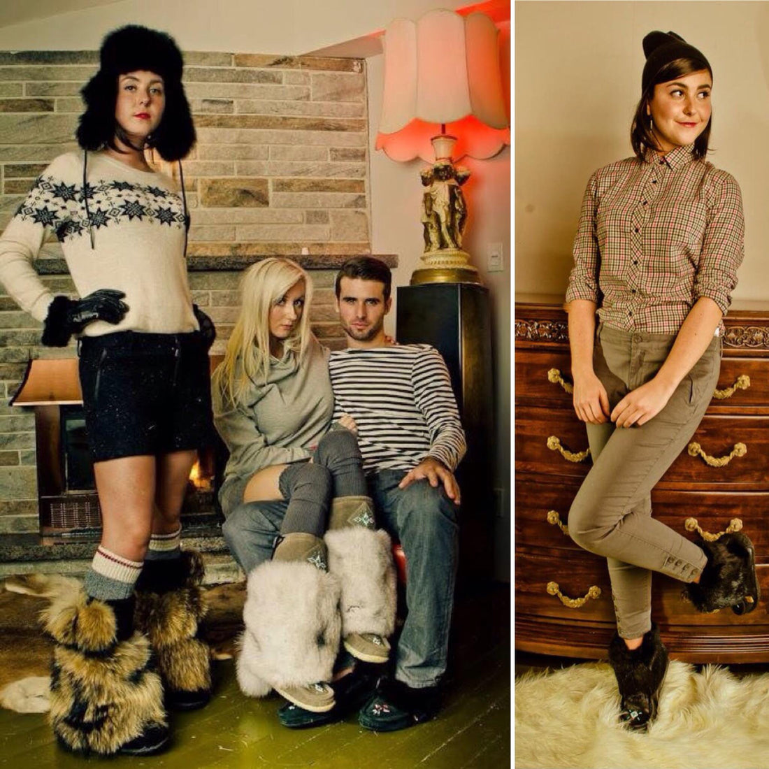 two women wearing mukluks and a man wearing moccasins 
