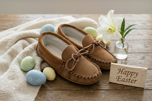 Dark Tan Moccasins with an easter sign