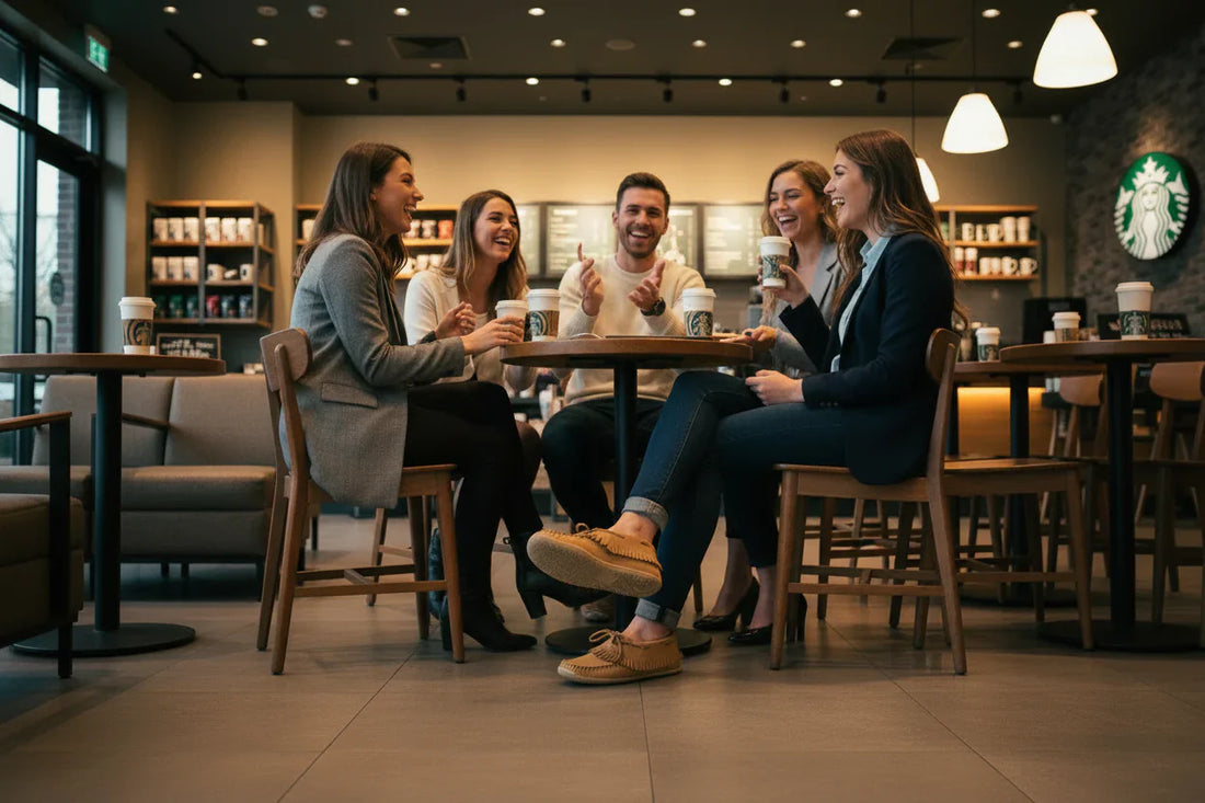 woman and friends having coffee at Starbucks wearing moccasins