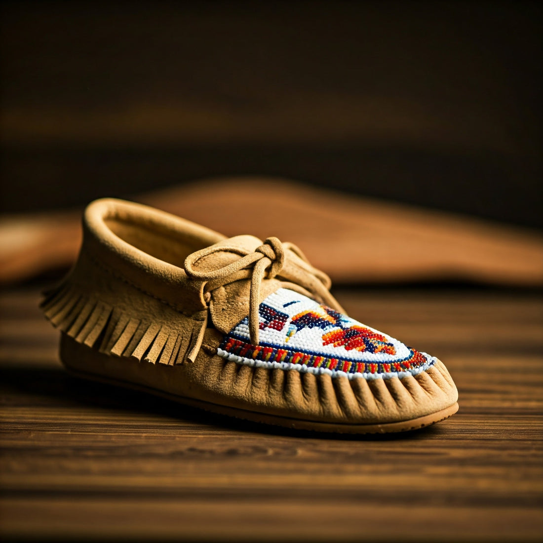 hand sewn beaded vamp of a moccasin 