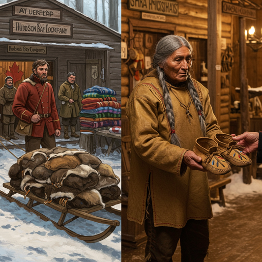 a Trapper at a hudson bay trading post and a indigenous man trading moccasins for furs