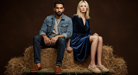 Man and woman sitting on hay wearing moccasins and slippers