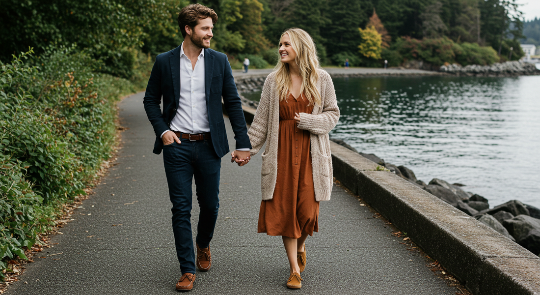 couple wearing moccasins Vancouver BC Canada