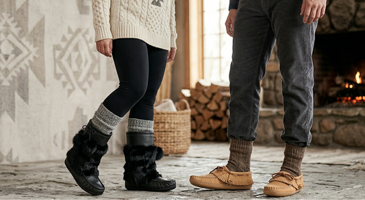 mukluks and moccasins being worn by a woman and a man inside the house 