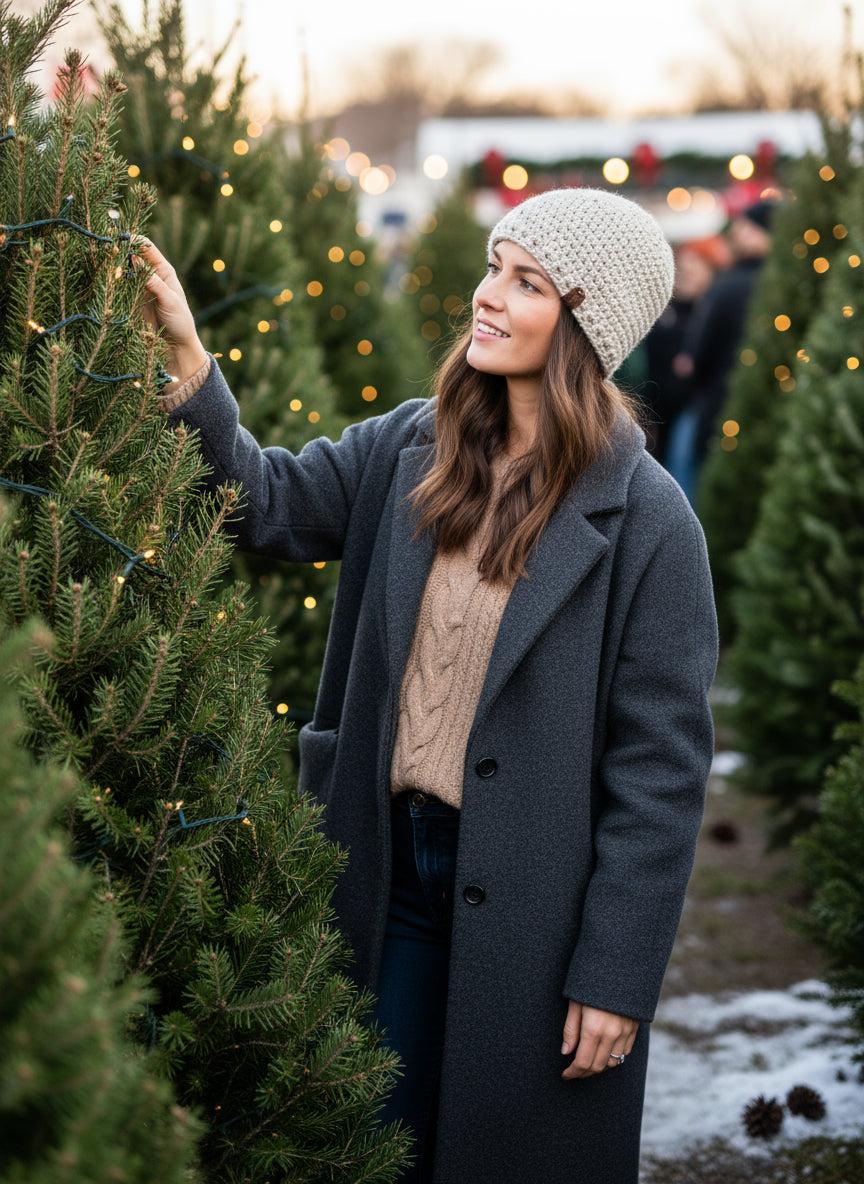 woman wearing a beanie hat looking for a Christmas tree