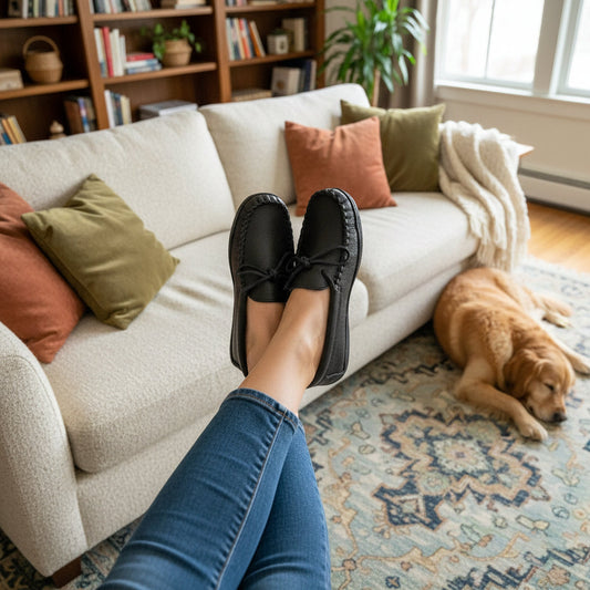 woman wearing black handcrafted moccasins Canada