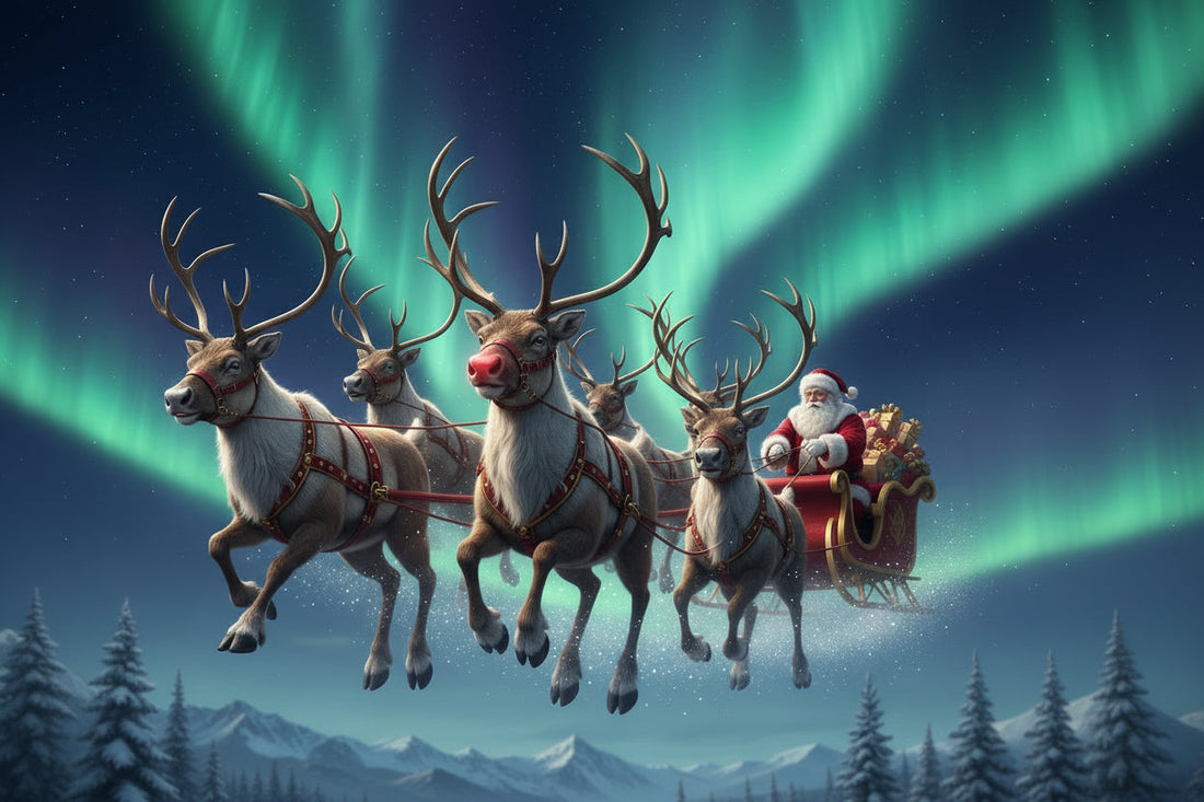Santa and his reindeer in flight 