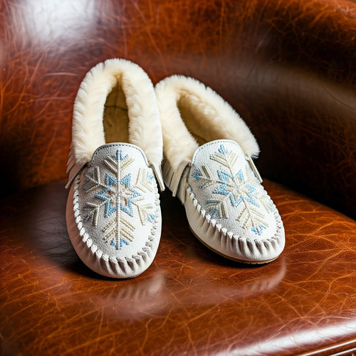 snowflake beaded moccasins in sheepskin