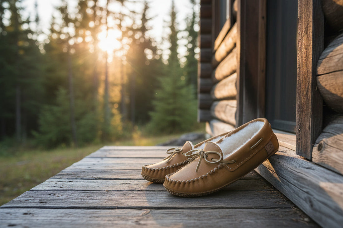 unisex moccasins on a cabin porch in the wilderness