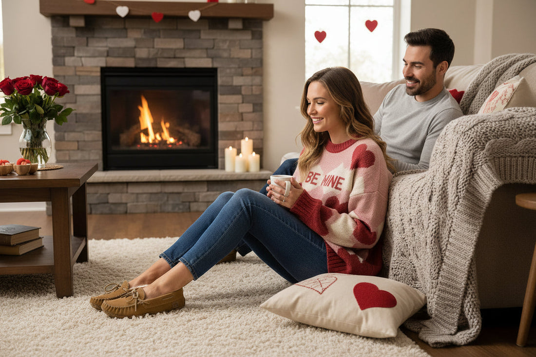 Women wearing moccasins with husband on the couch with valentines theme 
