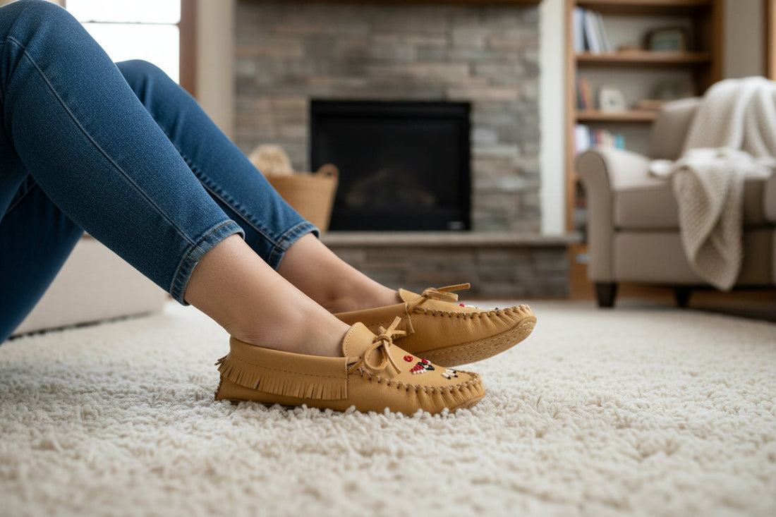 quiet moccasins being worn in the house 