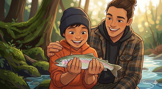 Two Indigenous brothers Elias and Thomas celebrating their first catch together on the Nanaimo River - heartwarming storybook illustration showing family bonding and traditional values