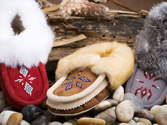 sheepskin and rabbit fur moccasins with handsewn beaded vamp made in canada 