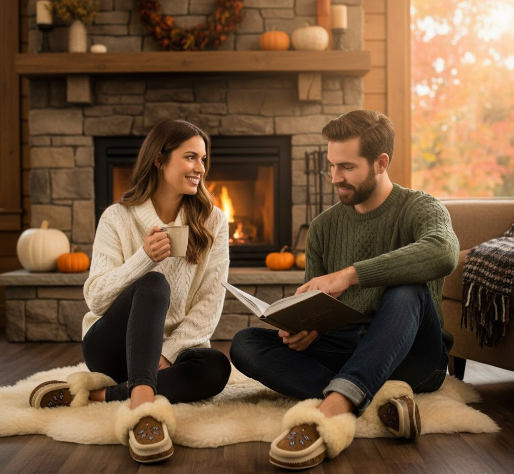 woman and man wearing sheepskin moccasins