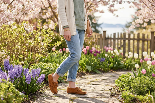 woman walking in garden path wearing moccasins in the spring 