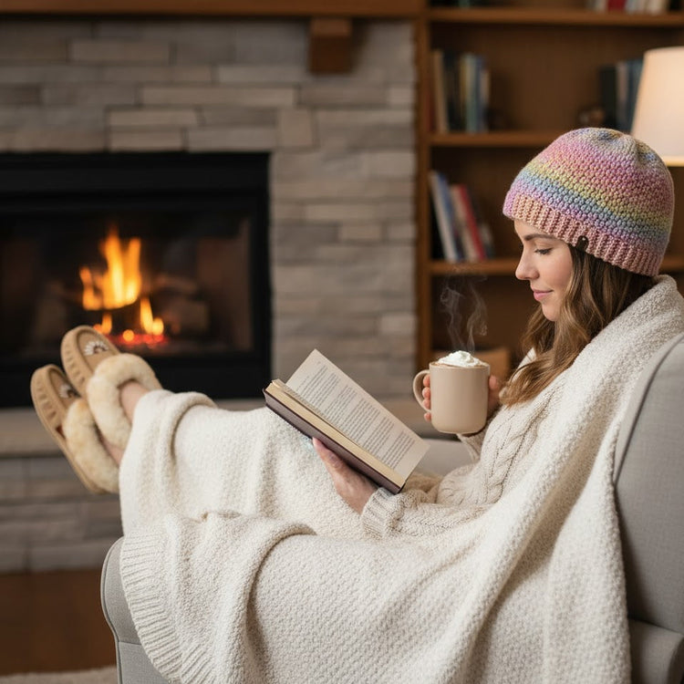 beanie, slippers, blanket, and accessories