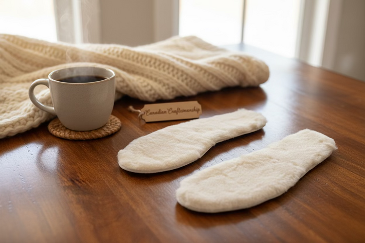 a pair of sheepskin insoles on a table next to a cup of coffee and cardigan