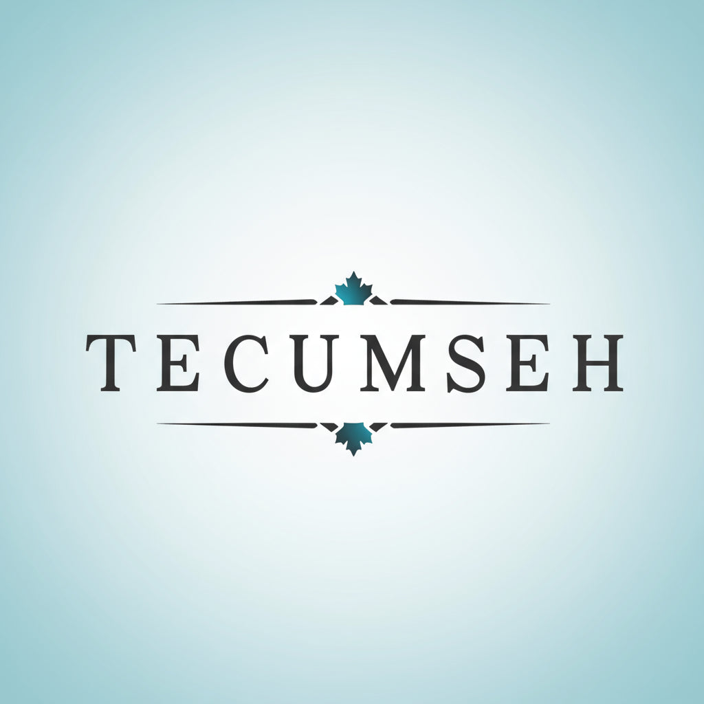 Decorative text 'TECUMSEH' with decorative elements on a light blue background