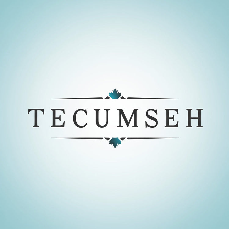 Decorative text 'TECUMSEH' with decorative elements on a light blue background