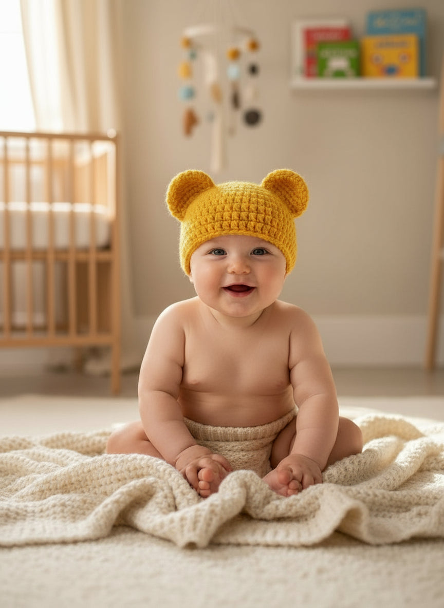 Yellow crochet baby hat with bear ears on a wooden surface