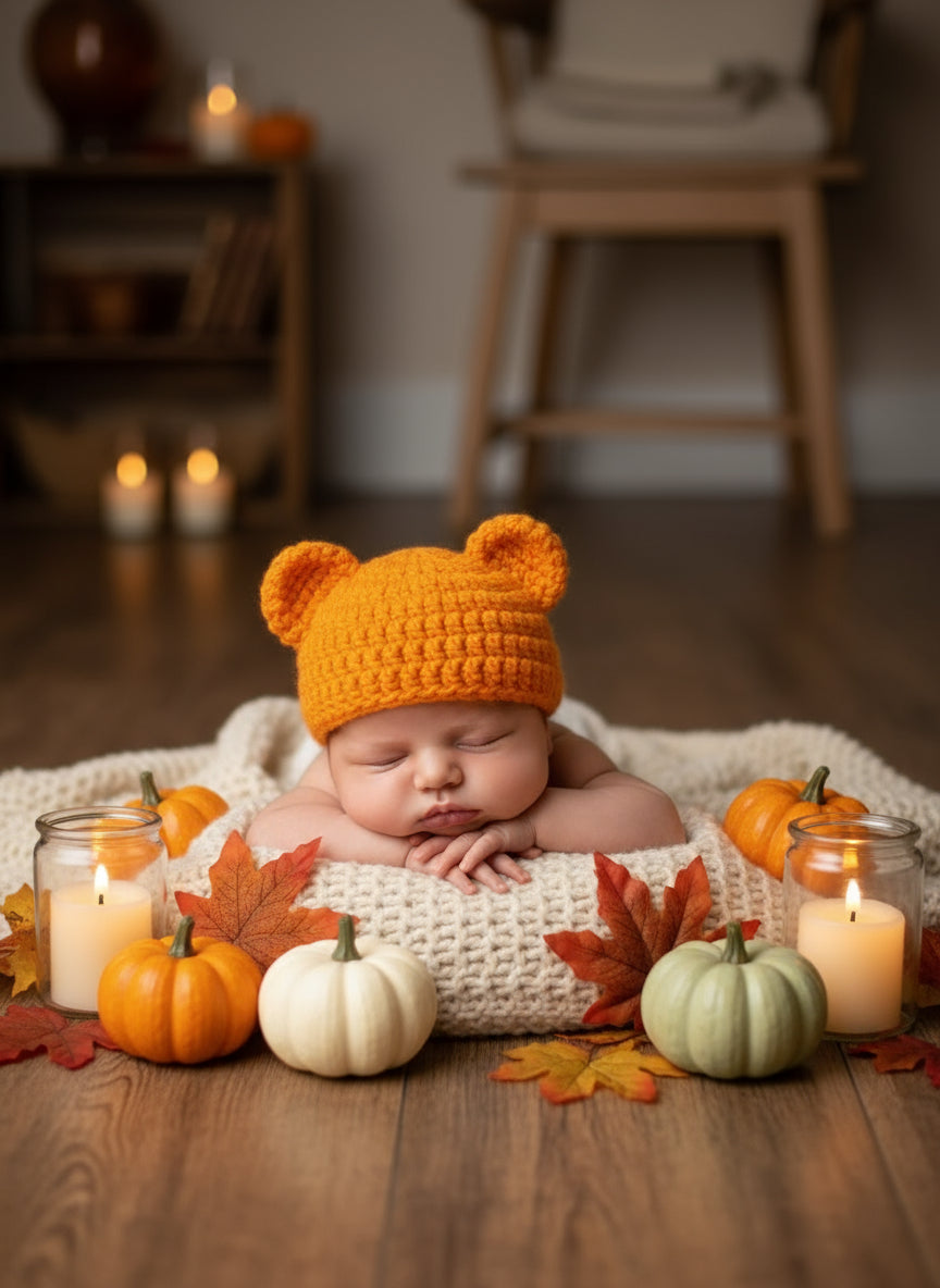 Crocheted orange bear hat on a wooden surface with a neutral background