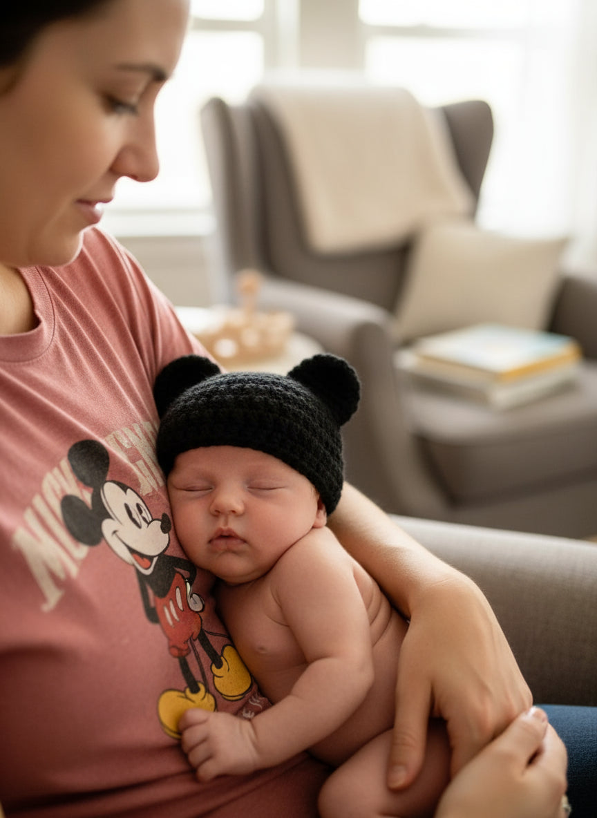 Black crocheted bear hat on a wooden surface with neutral background