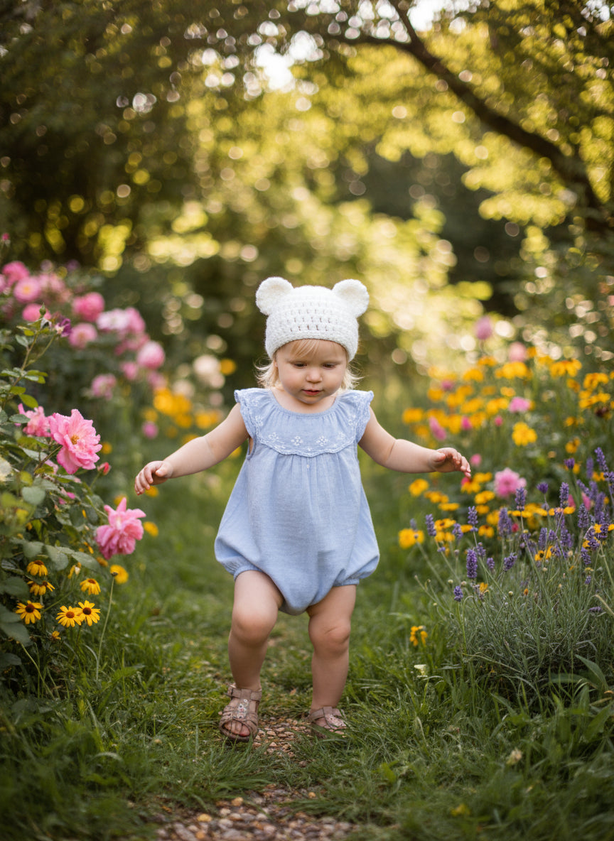 White crocheted basket with bear ears on a wooden surface