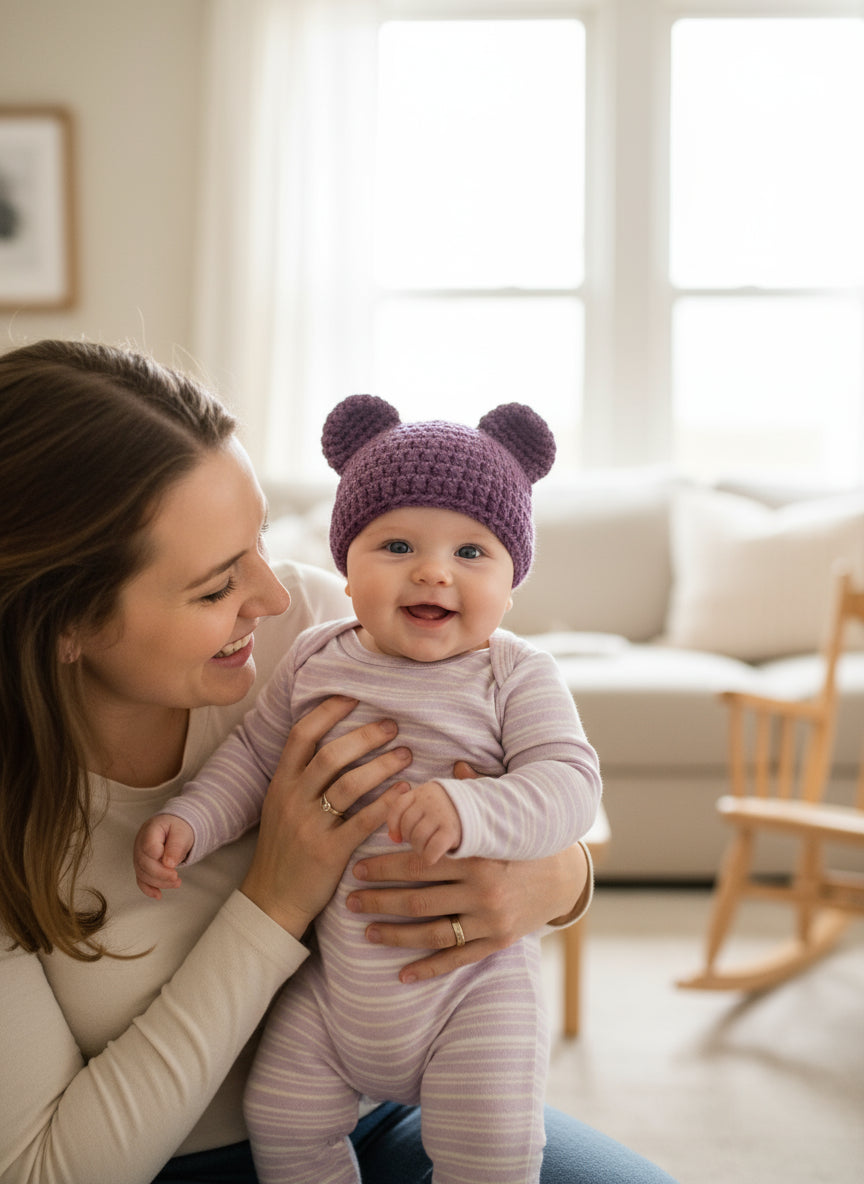 Purple crocheted hat with ears on a wooden surface