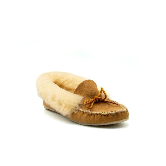 Brown moccasin slipper with fur lining on a white background