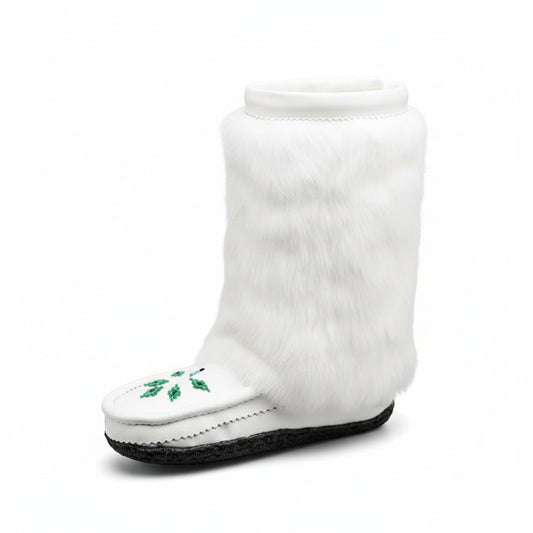 Great Plains 12" Tall Mukluks In White Leather and White Rabbit Fur