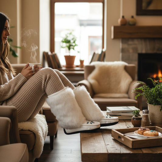 Woman in cozy living room with a fireplace, holding a mug.