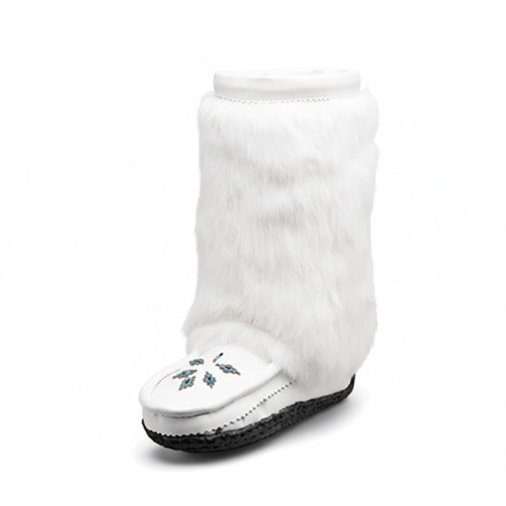Great Plains 12" Tall Mukluks In White Leather and White Rabbit Fur