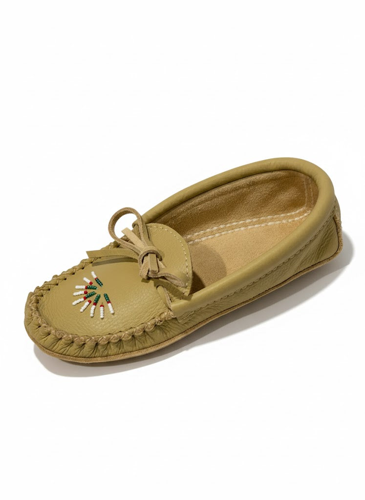 Women's Laurentian Chief Deer Tan Leather Moccasins with double Leather Ski Sole And Sunrise Beaded Vamp