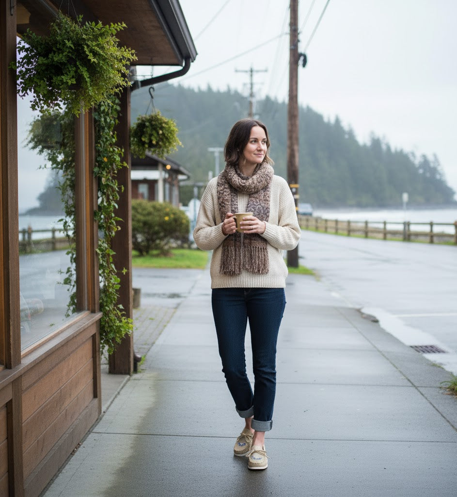 Woman walking outdoors holding a cup, with a scenic background of trees and water.