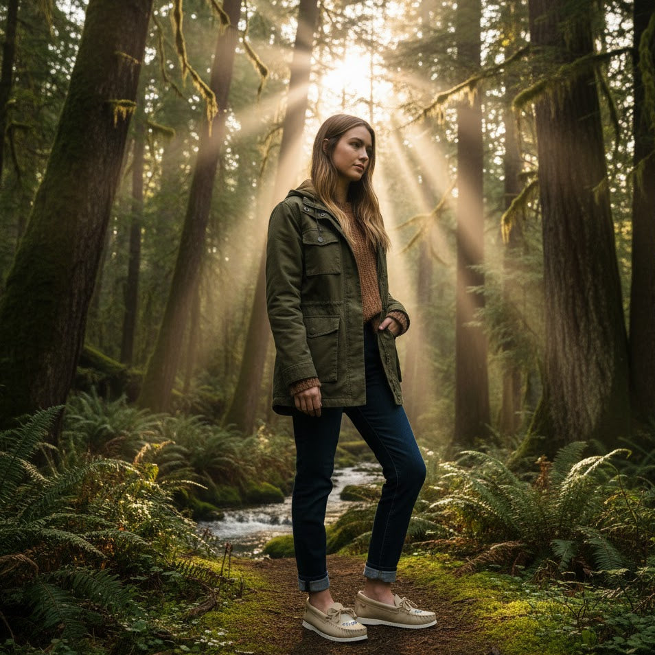 Woman standing in a forest with sunlight filtering through the trees